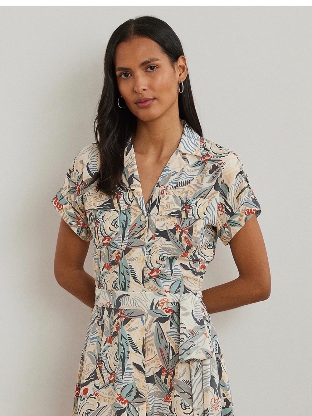 Lauren Ralph Lauren Belted Printed Midi Shirtdress Size 14 - Picture 3 of 16